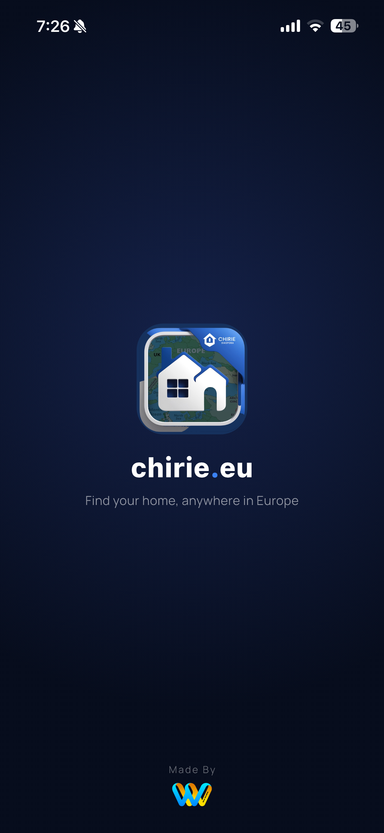 Aplicația Chirie — ecranul de pornire: chirie.eu, găsește-ți casa oriunde în Europa